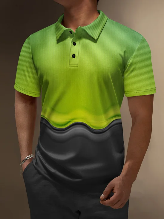 Moisture Wicking 3D Abstract Gradient Color Stripes Short Sleeve Golf Polo