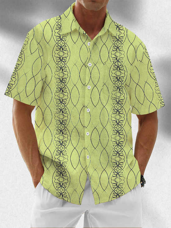 Moisture Wicking Geometric Lines Floral Chest Pocket Hawaiian Shirt