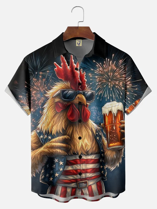 Big Size Moisture-wicking American Flag Chicken Beer National Patriotic Chest Pocket Casual Shirt