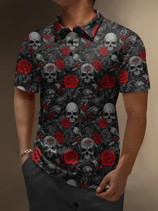 Moisture Wicking Rock Music Skull Rose Short Sleeve Golf Polo