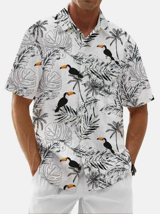 Moisture Wicking Tropical Plants Toucan Chest Pocket Hawaiian Shirt
