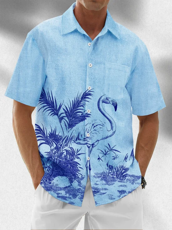 Moisture Wicking Tropical Plants Flamingo Chest Pocket Hawaiian Shirt