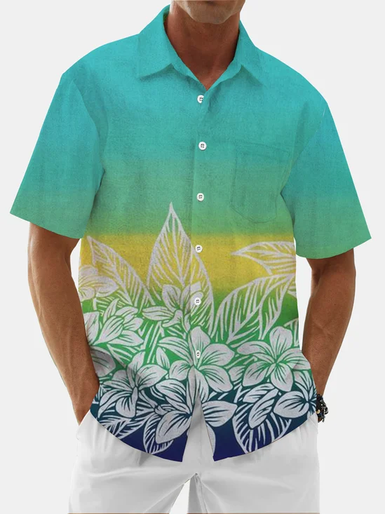 Moisture Wicking Gradient Floral Floral Chest Pocket Hawaiian Shirt