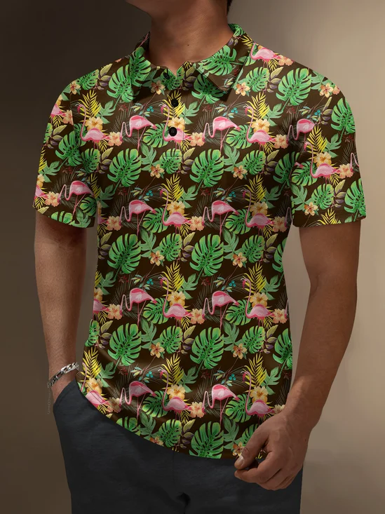 Moisture Wicking Tropical Plants Palm Leaves Flamingo Short Sleeve Golf Polo