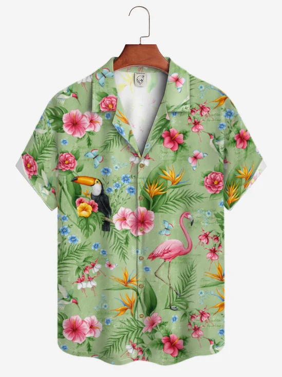 Moisture-wicking Tropical Palm Parrot Flamingo Floral Aloha Shirt