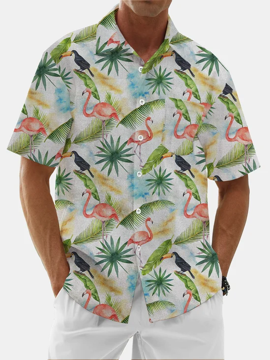 Moisture Wicking Tropical Plants Flamingo Toucan Chest Pocket Hawaiian Shirt