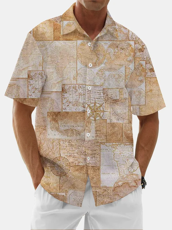 Moisture Wicking Vintage Map Chest Pocket Hawaii Shirt