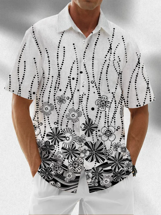 Moisture Wicking Geometric Floral Chest Pocket Hawaiian Shirt