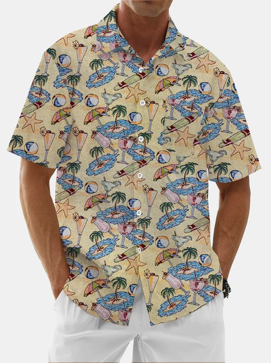Moisture Wicking Tropical Plants Flamingo Chest Pocket Hawaiian Shirt