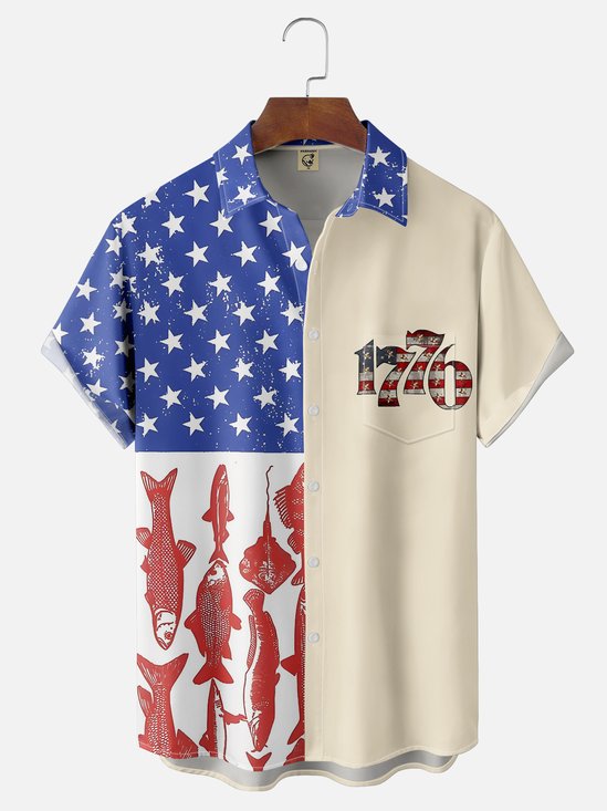 Moisture-wicking 1776 American Flag Independence Day Chest Pocket Casual Shirt