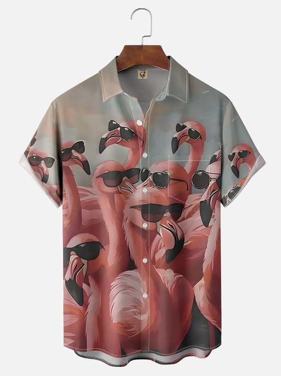 Moisture Wicking Flamingo Chest Pocket Hawaiian Shirt