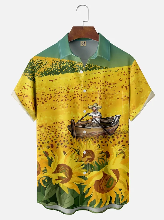 Moisture Wicking Ocean Art Painting Chest Pocket Hawaiian Shirt