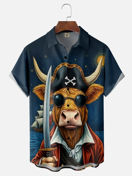 Moisture Wicking Pirate Cow Chest Pocket Hawaiian Shirt