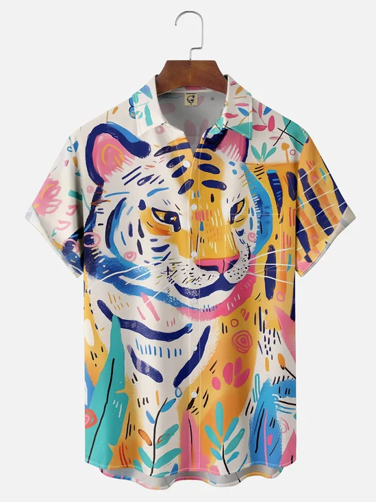 Moisture-wicking Abstract Young Tiger Painting Chest Pocket Casual Shirt