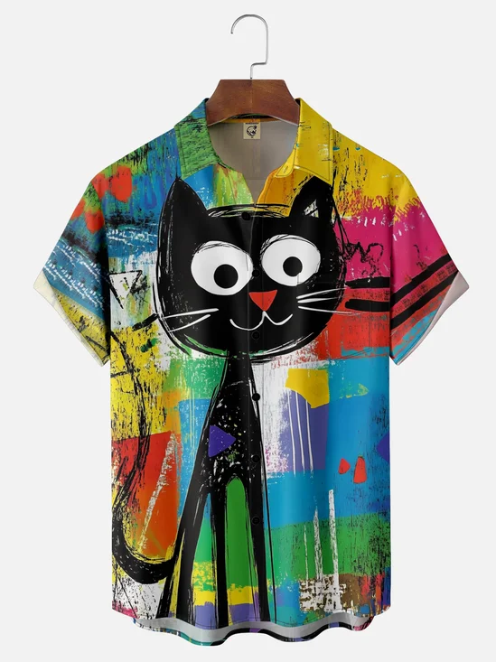Moisture-wicking Young Funny Cat Chest Pocket Casual Shirt