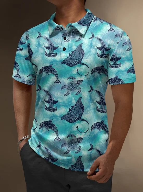 Moisture Wicking Gradient Color Marine Animals Manta Short Sleeve Golf Polo
