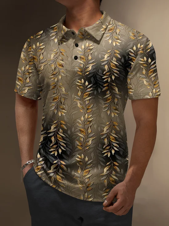 Moisture Wicking Gradient Color Leaves Short Sleeve Golf Polo
