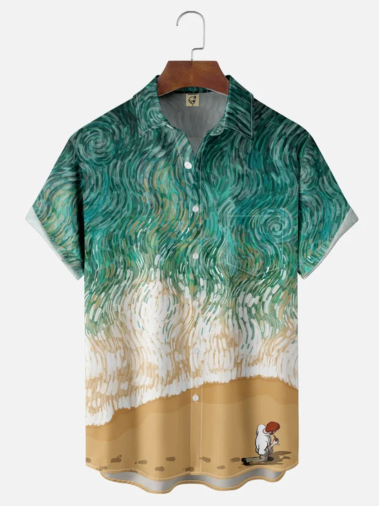 Moisture Wicking Ocean Art Painting Chest Pocket Hawaiian Shirt