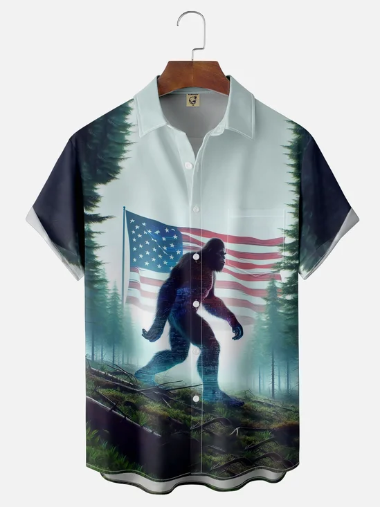 Moisture-wicking Bigfoot American Flag Chest Pocket Natioanal Patriotic Shirt