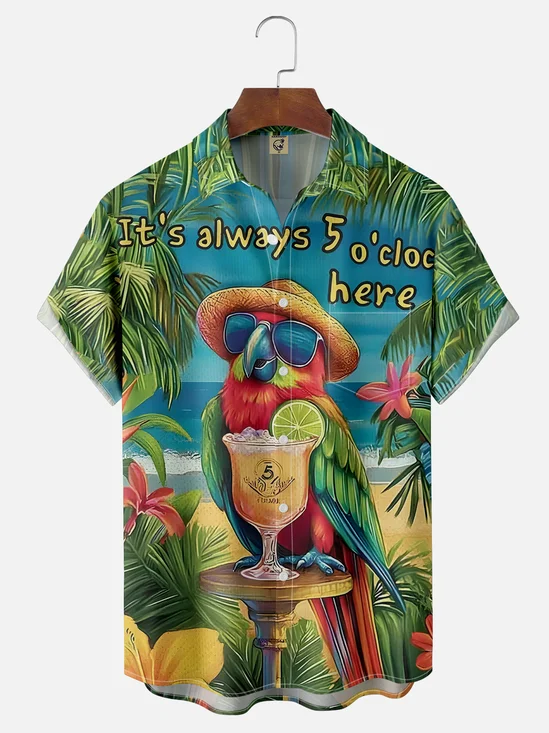 Moisture Wicking 5 O'Clock Parrot Chest Pocket Hawaiian Shirt