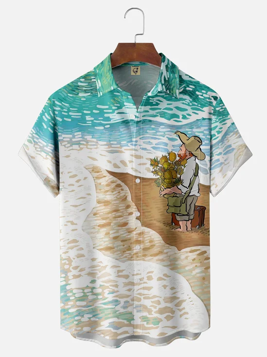 Moisture Wicking Ocean Art Painting Chest Pocket Hawaiian Shirt