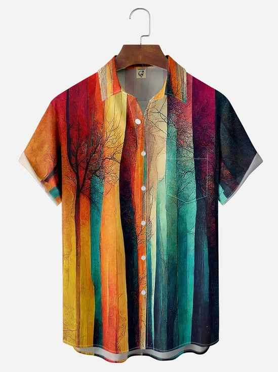 Moisture-wicking Abstract Art Plant Painting Chest Pocket Casual Shirt