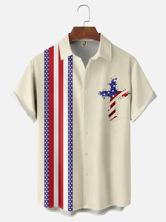 Moisture-wicking American Flag Cross Independence Day Chest Pocket Bowling Shirt