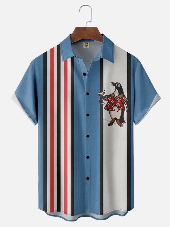 Moisture-wicking Penguin Cocktail Young Fun Chest Pocket Bowling Shirt