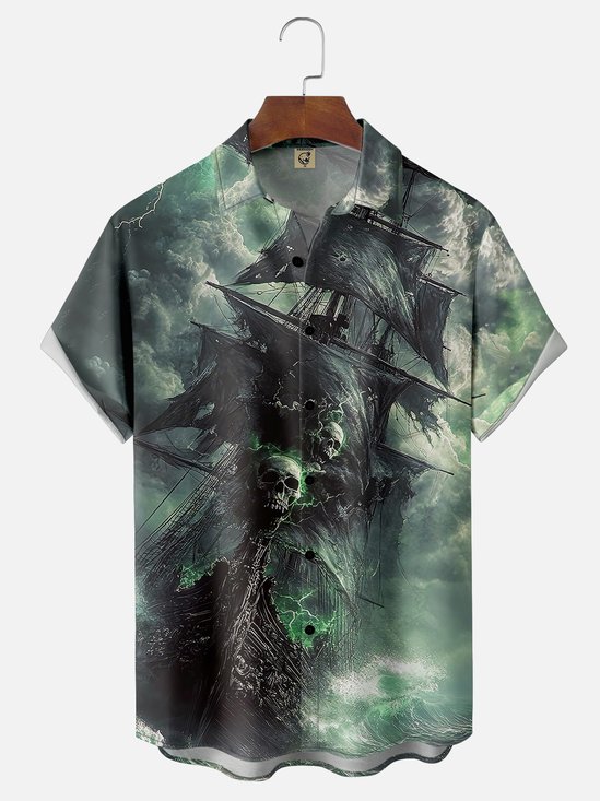 Moisture-wicking Skeleton Pirate Ship Chest Pocket Hawaiian Shirt