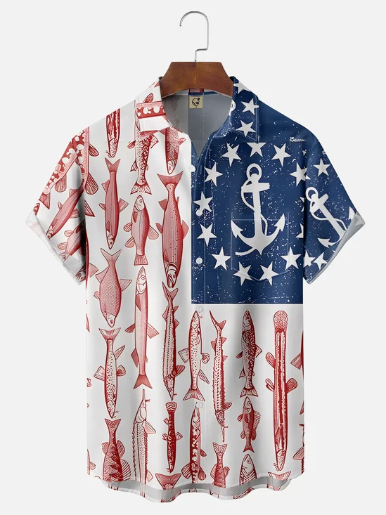 Moisture-wicking Fishing American Flag Chest Pocket Casual Shirt