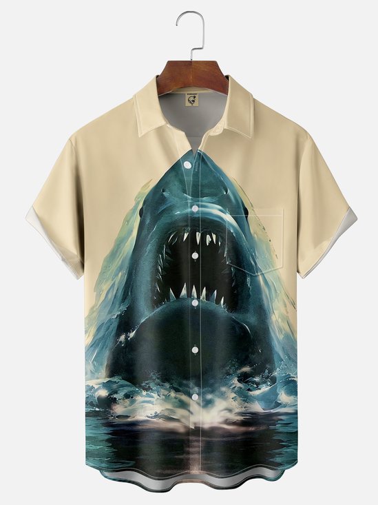 Moisture Wicking Great White Shark Chest Pocket Hawaiian Shirt