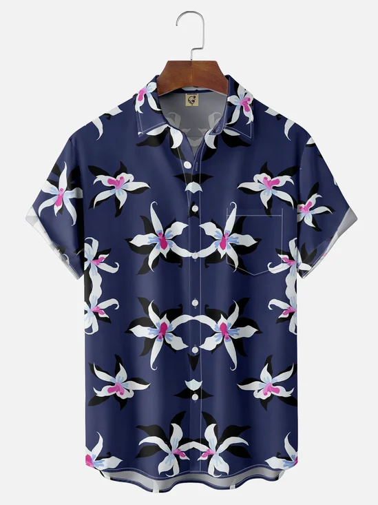 Moisture Wicking Tropical Floral Chest Pocket Hawaiian Shirt