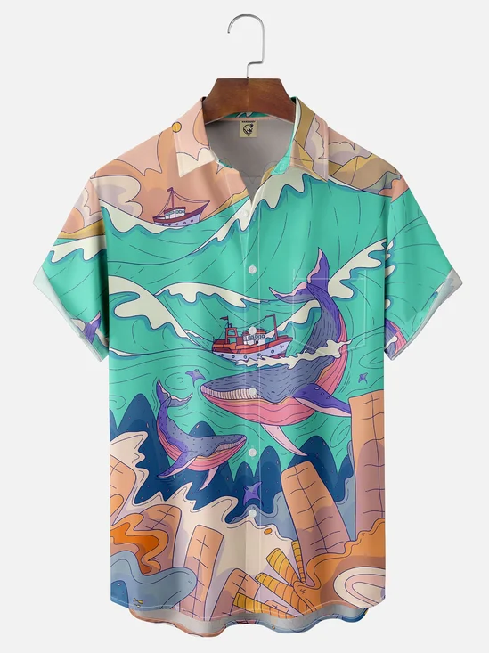 Hardaddy X Artist Stephen Wade Moisture-wicking Sea Life Whale Sailing Chest Pocket Hawaiian Shirt
