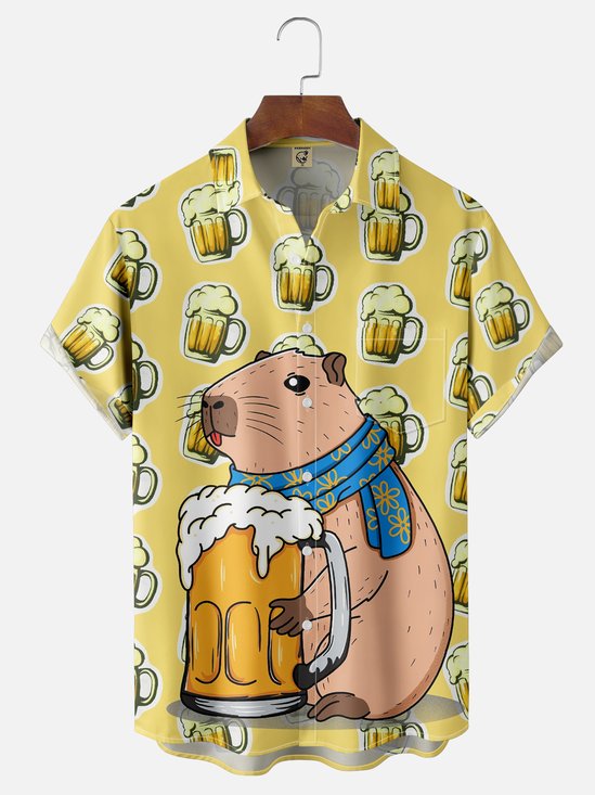 Hardaddy X Artist Kimprut Imut Moisture-wicking Beer Capybara Chest Pocket Hawaiian Shirt