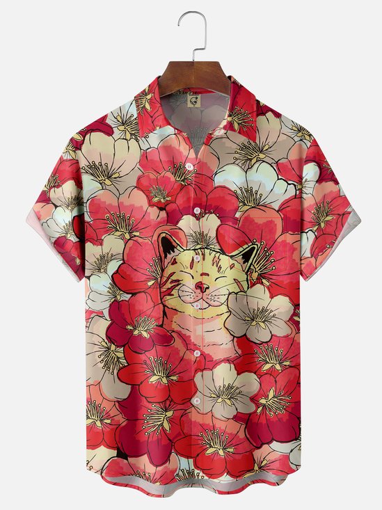 Hardaddy X Artist Stephen Wade Moisture-wicking Sakura Cat Chest Pocket Hawaiian Shirt