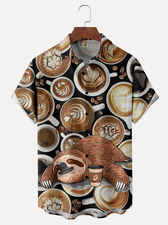 Hardaddy X Artist Kimprut Imut Moisture-wicking Coffee Sloth Chest Pocket Hawaiian Shirt