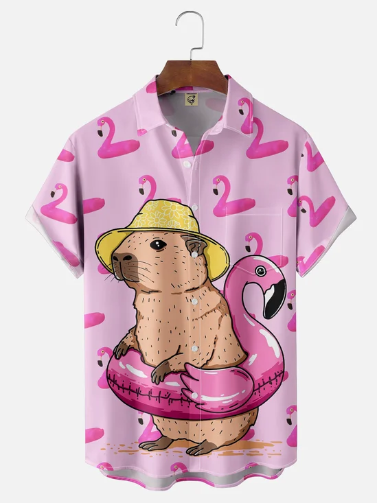 Hardaddy X Artist Kimprut Imut Moisture-wicking Flamingo Capybara Chest Pocket Hawaiian Shirt