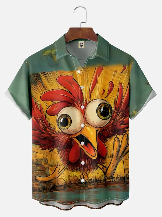 Big Size Moisture-wicking Fun Chicken Chest Pocket Hawaiian Shirt