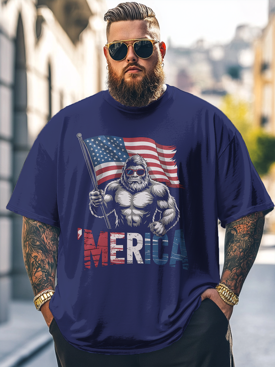 Big Size Men's Bigfoot MERICA American Flag Loose T-shirt