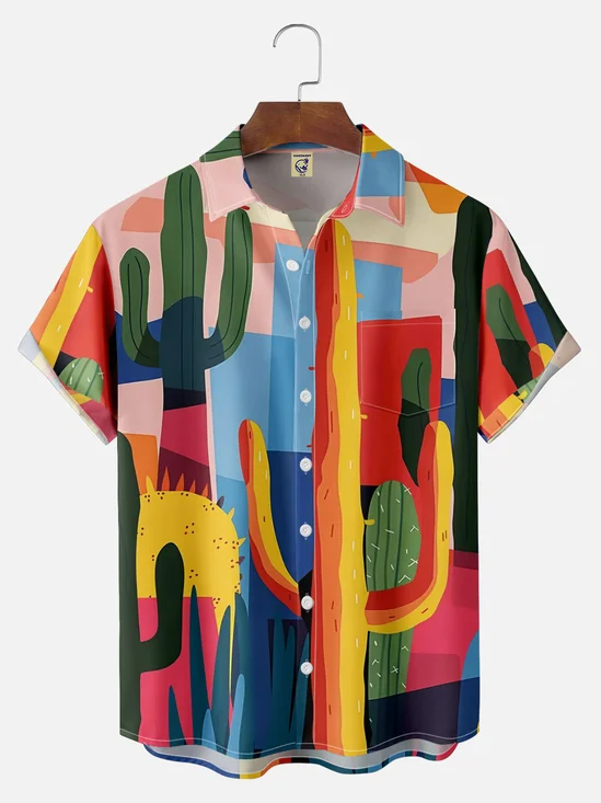 Big Size Moisture-wicking Cactus Chest Pocket Hawaiian Shirt