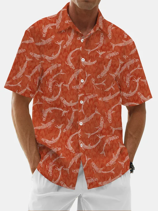 Moisture Wicking Ocean Elements Fish Chest Pocket Hawaiian Shirt