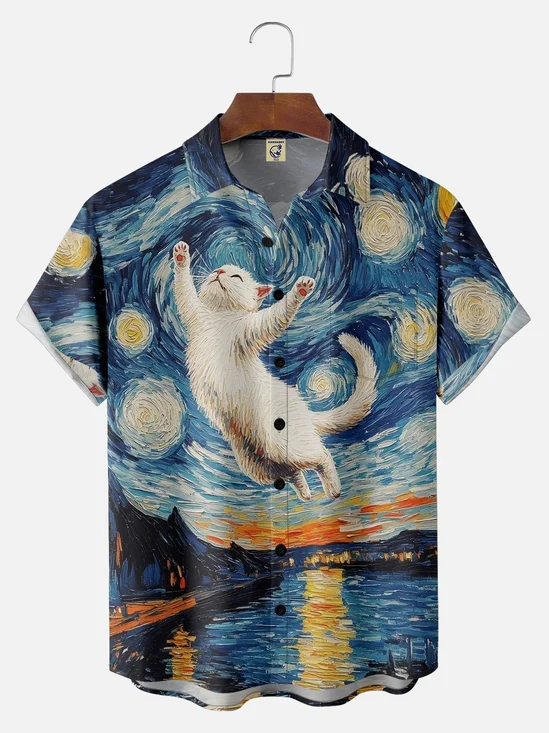 Big Size Moisture-wicking Starry night Cat Chest Pocket Casual Shirt