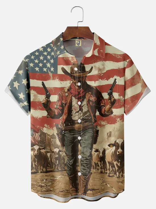 Big Size Moisture-wicking American Flag Western Cowboy Chest Pocket Casual Shirt