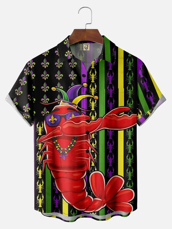 Big Size Moisture-wicking Mardi Gras Lobster Chest Pocket Hawaiian Shirt