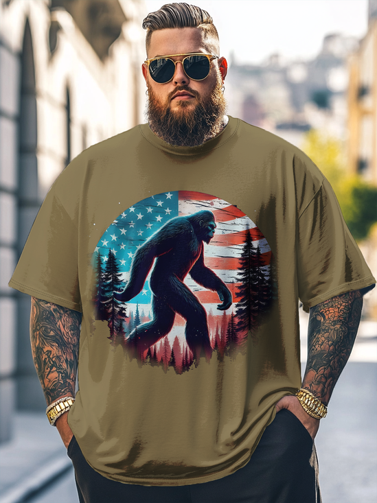 Big Size Men's Bigfoot American Flag MERICA Loose T-shirt
