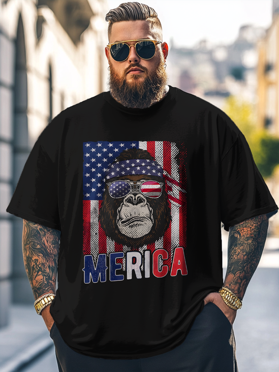 Big Size Men's Ape Man American Flag MERICA Loose T-shirt