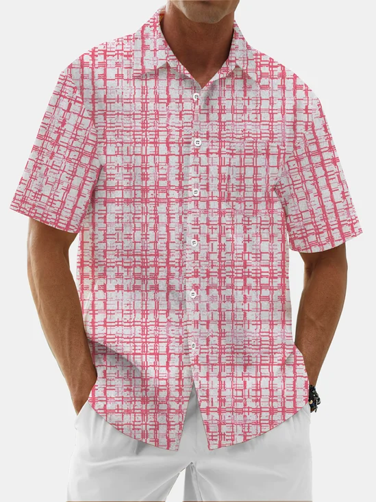 Moisture Wicking Geometric Check Chest Pocket Hawaiian Shirt