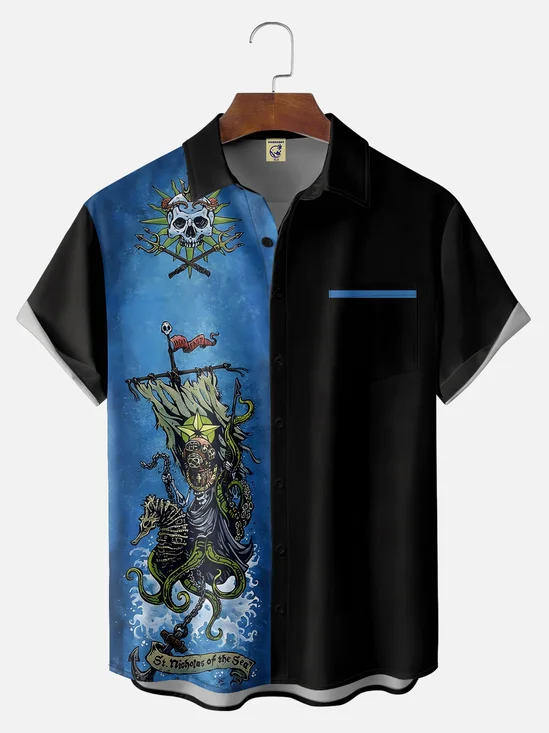 Hardaddy X Artist David Lozeau Big Size Moisture-wicking Pirate Skull Sailing Chest Pocket Hawaiian Shirt
