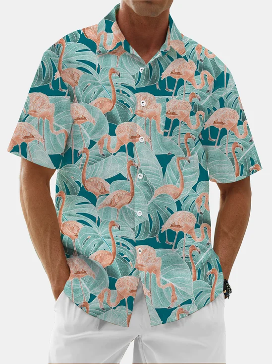 Moisture Wicking Tropical Flamingo Chest Pocket Hawaiian Shirt
