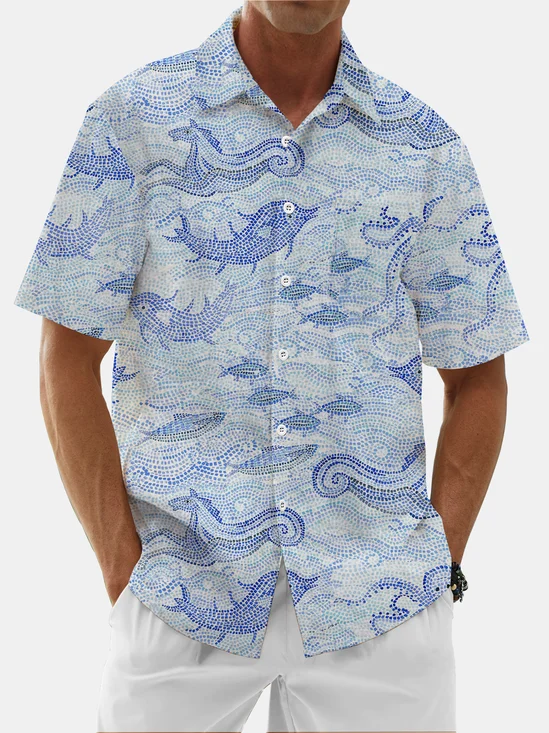 Moisture Wicking Ocean Elements Fish Chest Pocket Hawaiian Shirt